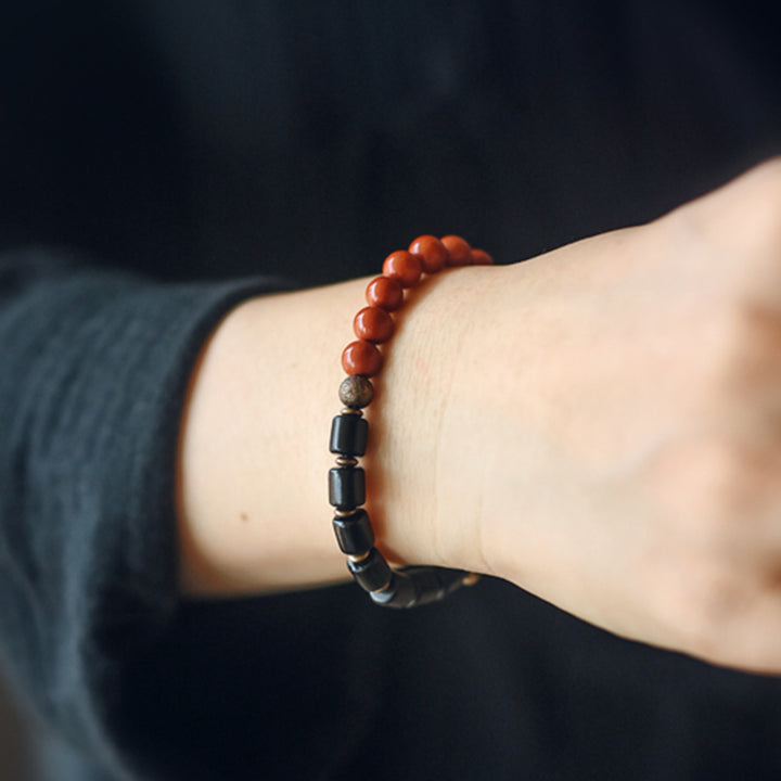 Buddha Stones Ebony Wood Red Jasper Moss Agate Crystal Copper Peace Couple Bracelet