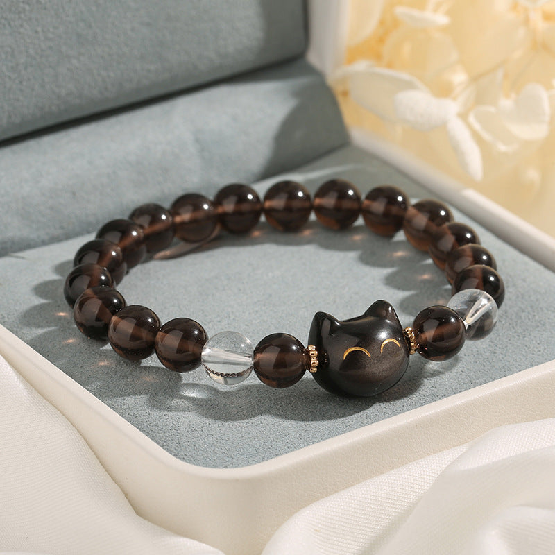 Buddha Stones Natural Ice Obsidian Silver Sheen Obsidian Cute Cat Positive Bracelet