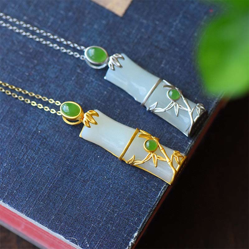 Buddha Stones White Jade Cyan Jade Bamboo Protection Necklace Pendant