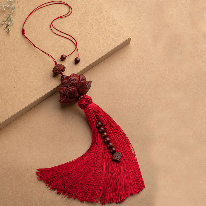 Buddha Stones Tibetan Small Leaf Red Sandalwood Lotus Luck Protection Tassel Decoration