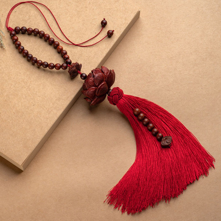 Buddha Stones Tibetan Small Leaf Red Sandalwood Lotus Luck Protection Tassel Decoration