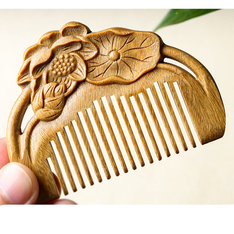 Natural Green Sandalwood Lotus Flower Leaf Engraved Soothing Comb