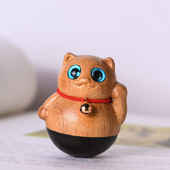 Buddha Stones Mini Lucky Cat Kitten Phoebe Zhennan Wood Blessing Decoration