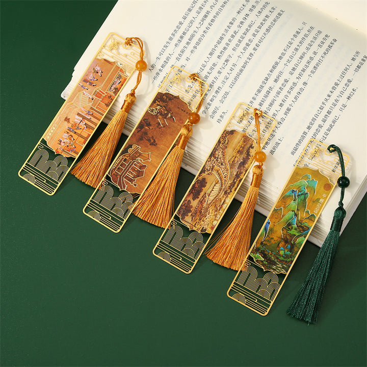 Buddha Stones A Panorama of Rivers and Mountains Metal Hollow Bookmarks Tassel With Gift Box