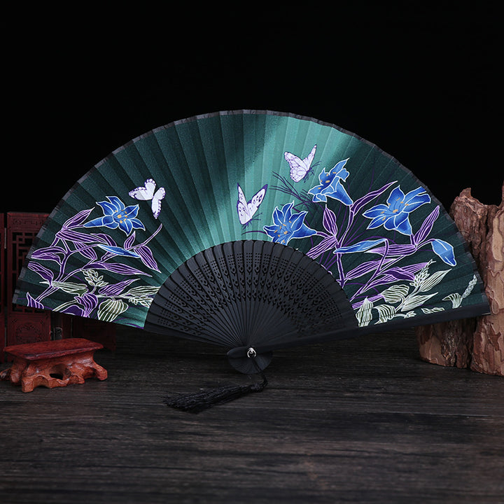 Buddha Stones Cherry Blossom Lily Butterfly Bamboo Handheld Bamboo Folding Fan 21cm