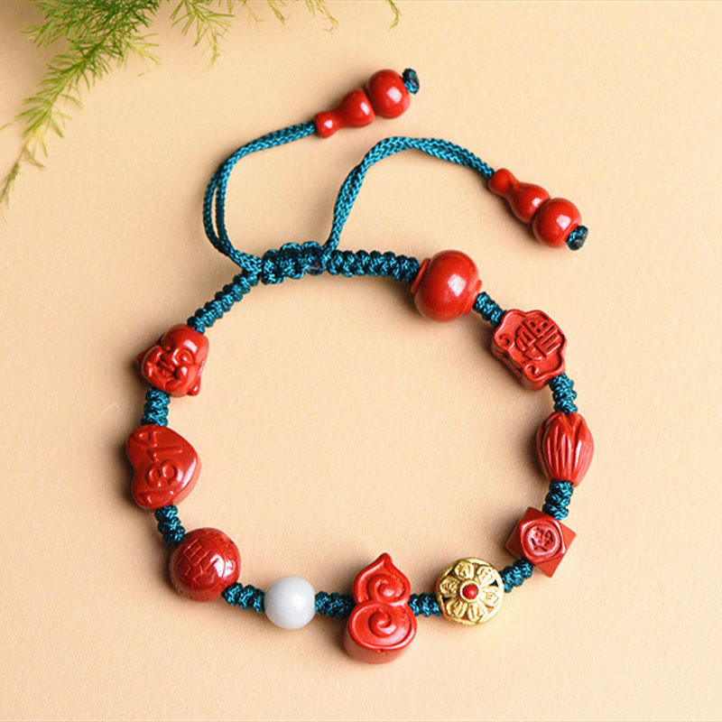 Natural Cinnabar Gourd Om Mani Padme Hum Laughing Buddha Blessing String Bracelet