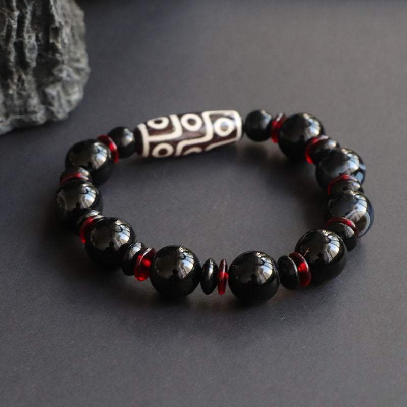 Buddha Stones Black Onyx Nine-Eye Dzi Bead Wealth Protection Bracelet