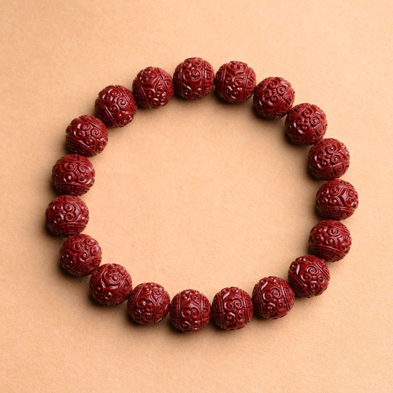 Buddha Stones Natural Cinnabar Om Mani Padme Hum Fret Pattern Lotus Blessing Bracelet