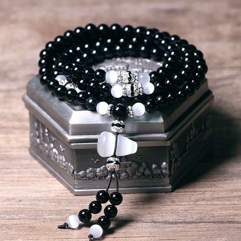 Black Onyx White Crystal Bead Meditation Bracelet