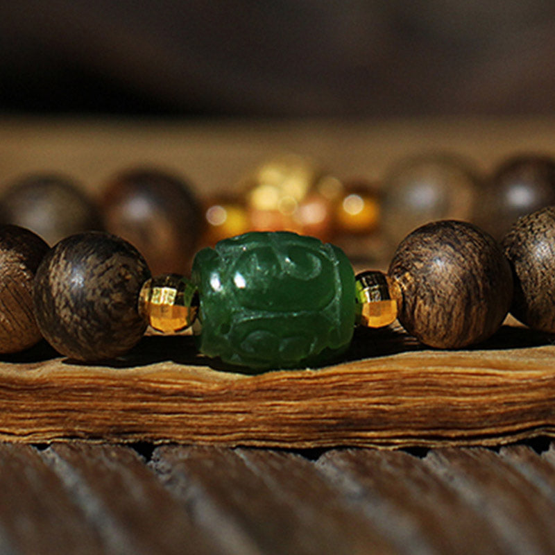 Buddha Stones 999 Gold Brunei Agarwood Cyan Jade Lotus Flower Peace Strength Bracelet