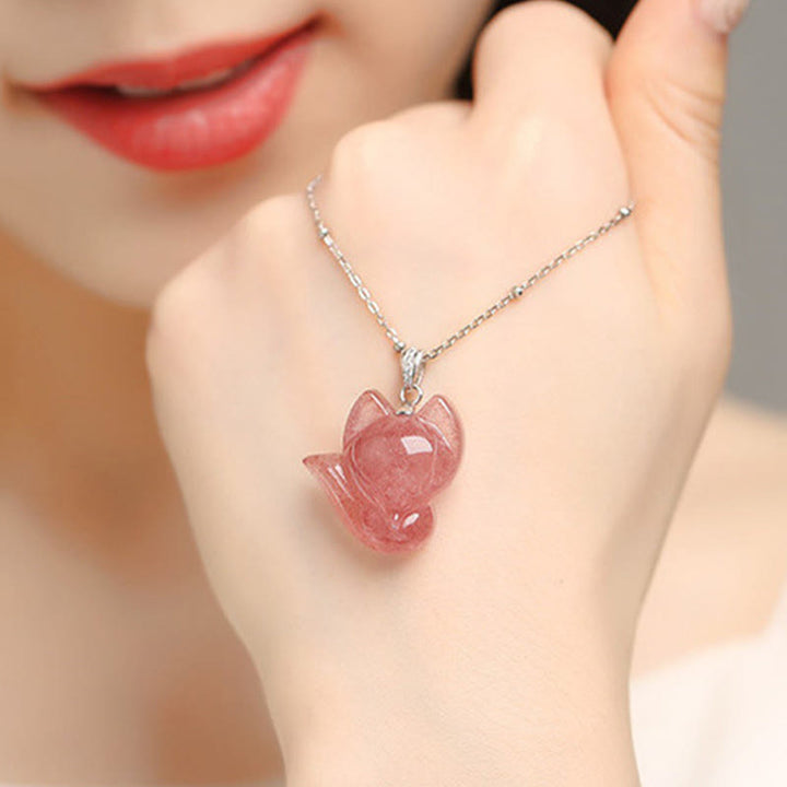 Buddha Stones 14k Gold Plated 925 Sterling Silver Strawberry Quartz Fox Healing Necklace Pendant