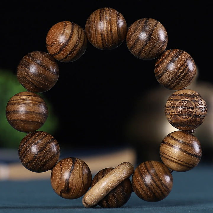 Buddha Stones Chinese Zodiac Rosewood Green Sandalwood Ebony Wood Copper Coin Carved Calm Bracelet