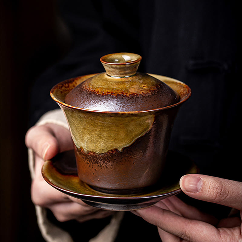 Buddha Stones Vintage Brown Kiln Change Design Porcelain Ceramic Gaiwan Sancai Teacup Kung Fu Tea Cup And Saucer With Lid