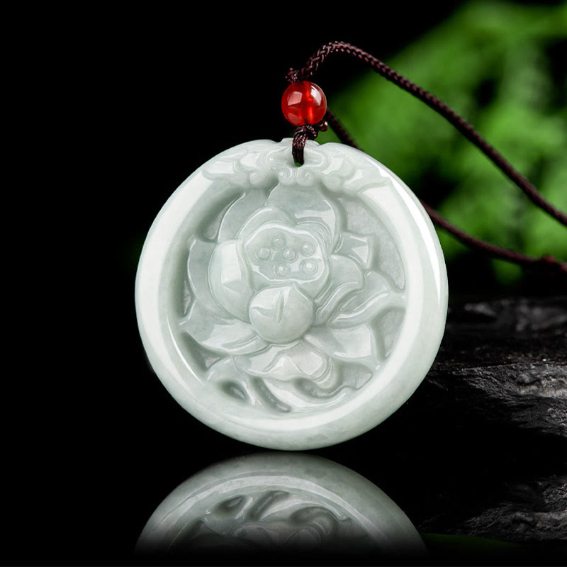 Buddha Stones Natural Jade Lotus Flower Carved Prosperity Necklace Pendant