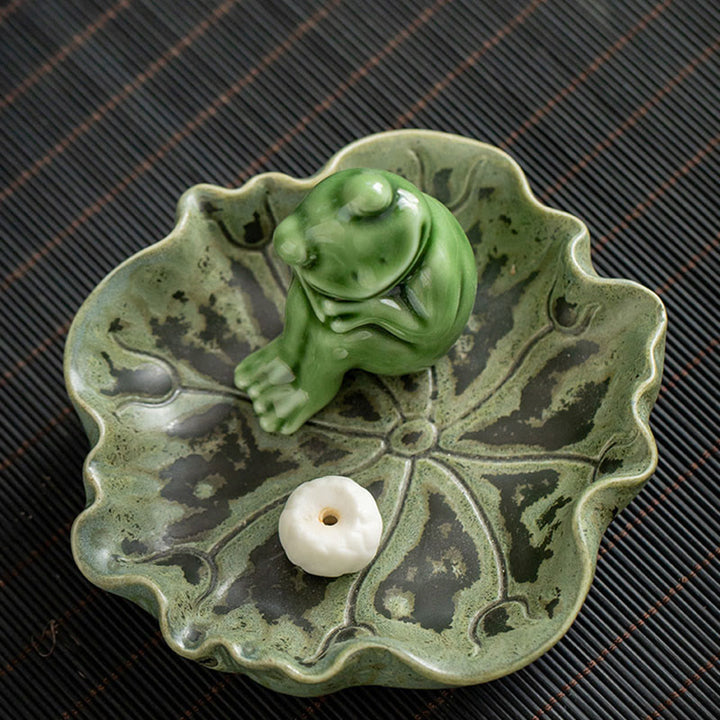 Buddha Stones Leaf Meditation Frog Pattern Healing Ceramic Incense Burner Decoration