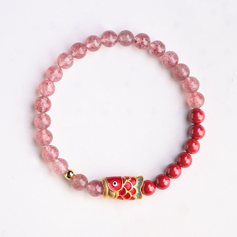 Buddha Stones Natural Strawberry Quartz Cinnabar Lucky Koi Fish Healing Bracelet