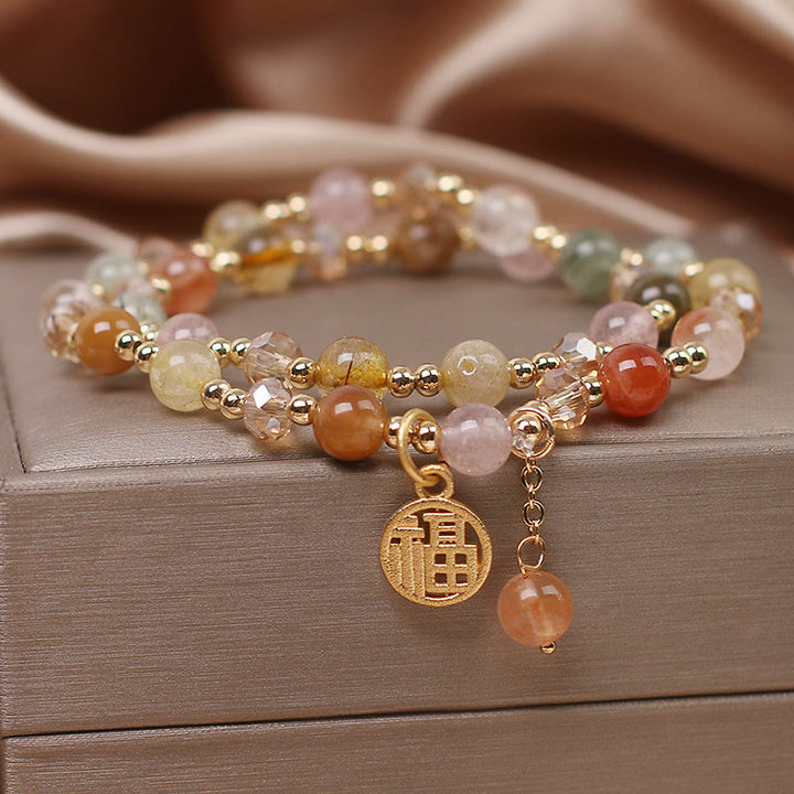 Buddha Stones Multicolored Rutilated Quartz Fu Character Auspiciousness Bracelet