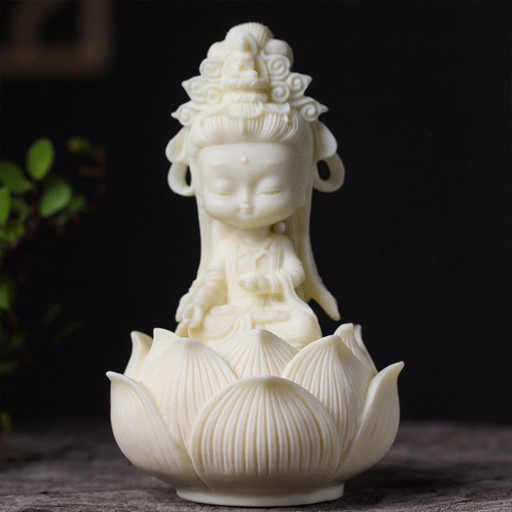 Buddha Stones Mini Ivory Fruit Kwan Yin Avalokitesvara Lotus Wealth Desk Decoration