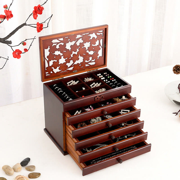 Buddha Stones Vintage Plum Blossom Carved Wooden Jewelry Box Six-Layer Jewelry Storage Box