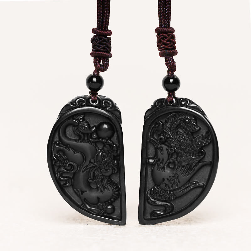 Buddha Stones Black Obsidian Love Dragon Phoenix Protection Necklace Pendant