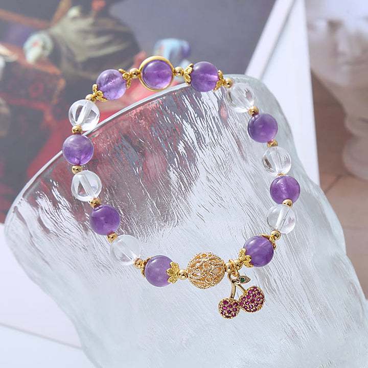 Buddha Stones Natural Amethyst White Crystal Positive Cherry Charm Bracelet