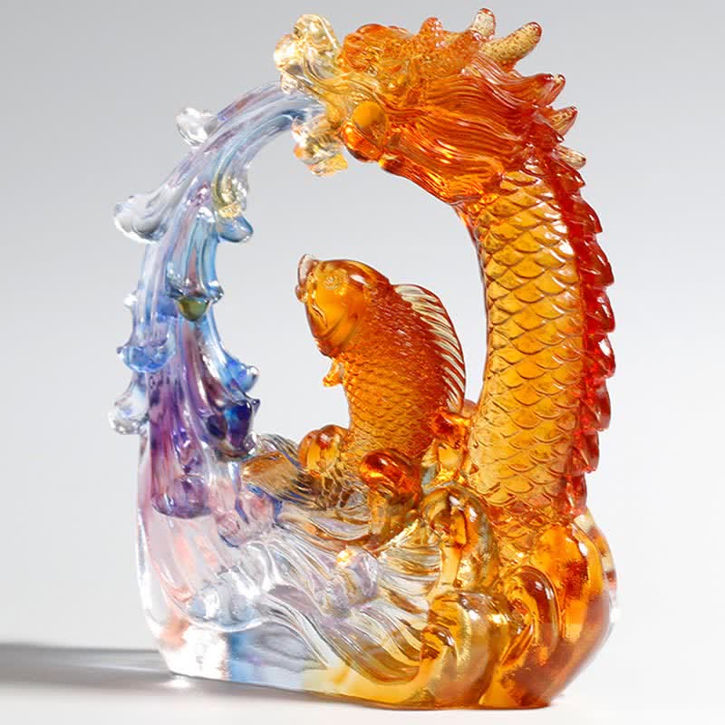 Buddha Stones Feng Shui Dragon Koi Fish Handmade Liuli Crystal Art Piece Home Office Decoration