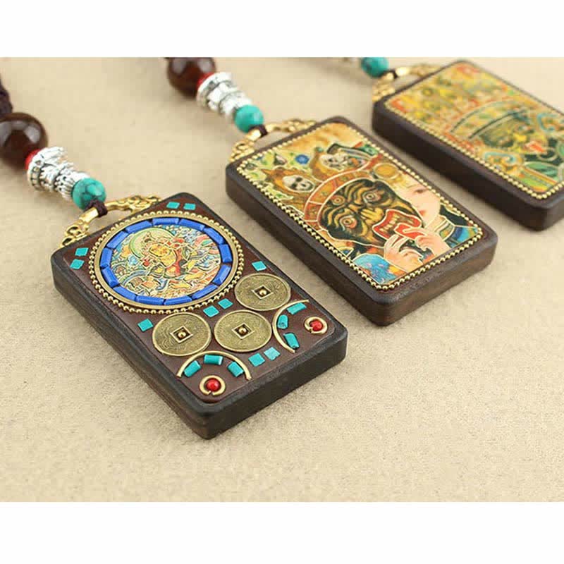 Buddha Stones Tibet God of Wealth Thangka Ebony Peace Necklace Pendant