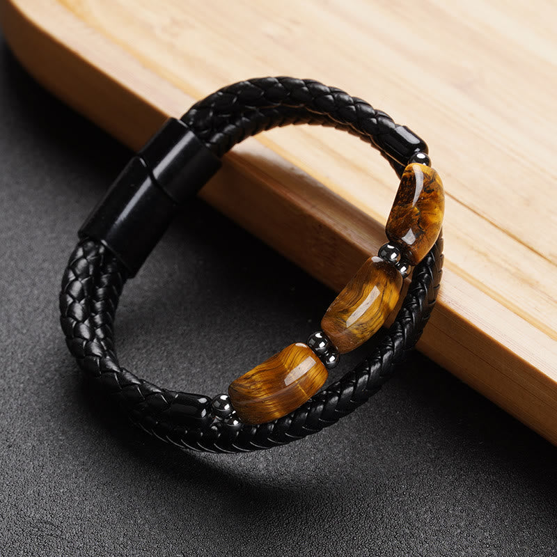 Buddha Stones Natural Tiger Eye Protection Willpower Magnetic Buckle Leather Bracelet