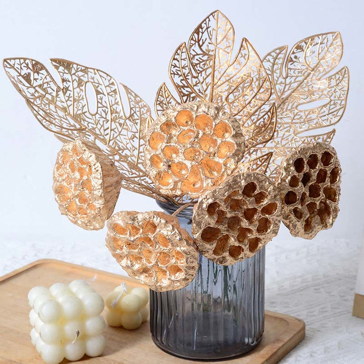 Gold Dried Lotus Pod Stemmed Plant Table Bouquet Decoration