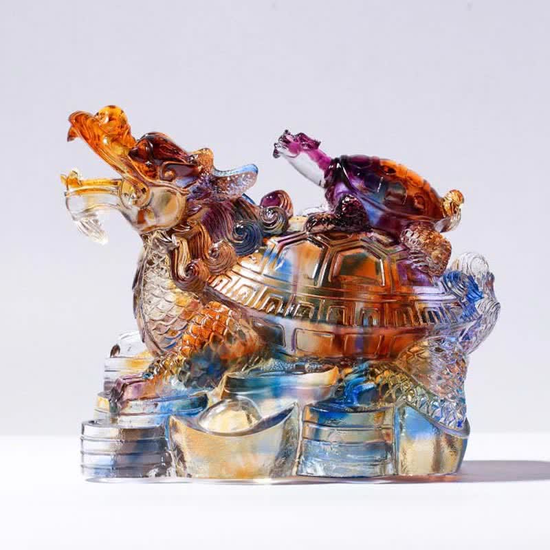 Feng Shui Dragon Turtles Handmade Liuli Crystal Art Piece Protection Home Office Decoration