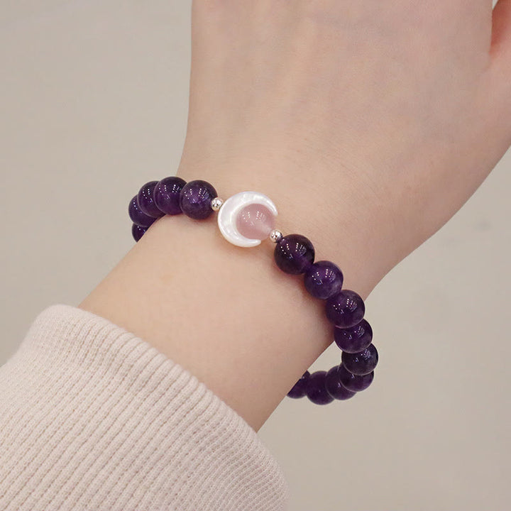 Buddha Stones 925 Sterling Silver Natural Amethyst Aquamarine Pink Crystal Cat's Eye Healing Crescent Moon Bracelet