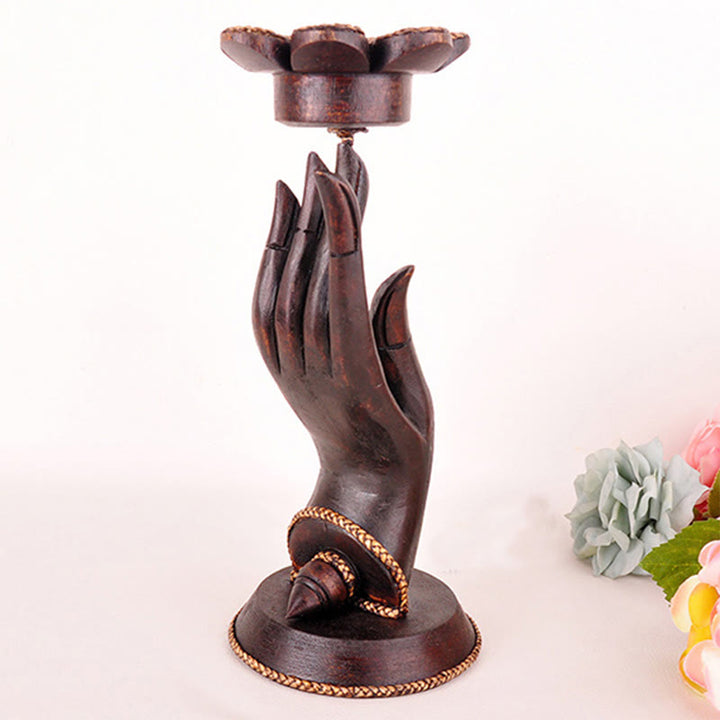 Buddha Stones Hand Pattern Wood Candlestick Home Candle Holder Decoration