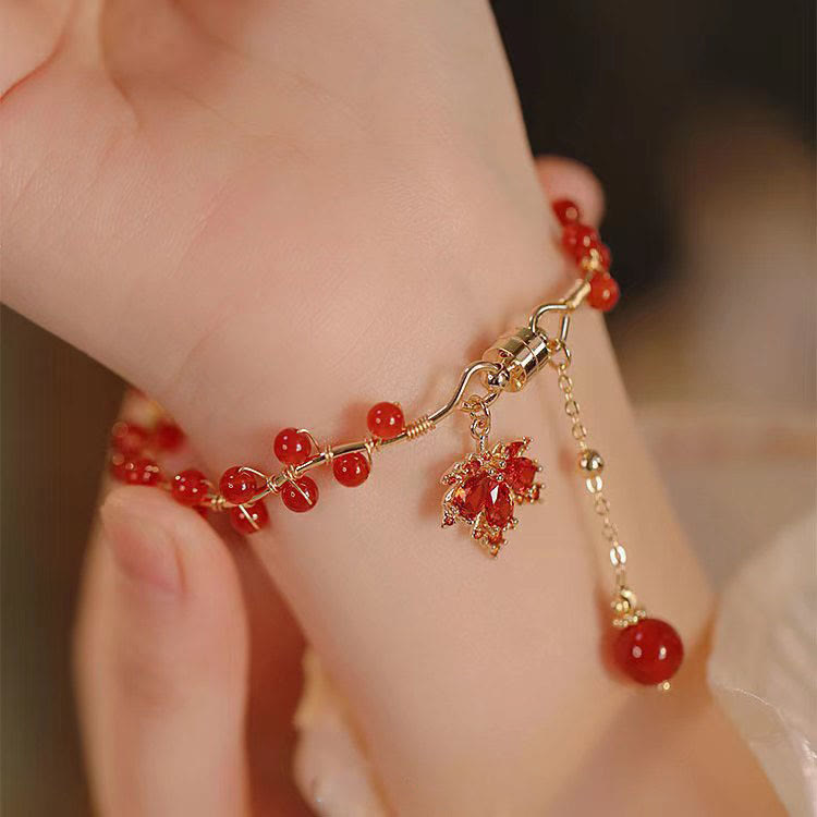 Buddha Stones Red Maple Leaf Luck Charm Bracelet