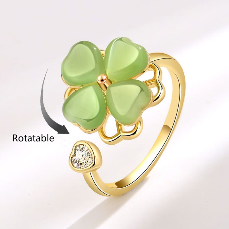 Buddha Stones Cat's Eye Four Leaf Clover Zircon Love Rotatable Ring