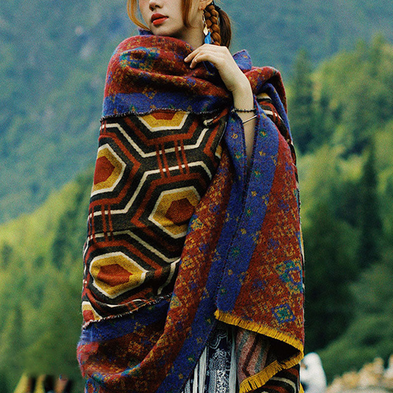 Buddha Stones Tibetan Shawl Brown Blue Red Geometric Shapes Pattern Winter Cozy Travel Scarf Wrap