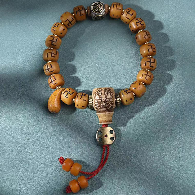 Buddha Stones Natural Tibetan Camel Bone Swastika Dzi Bead Shankha Buddha Charm Kirtimukha Luck Protection Tassel Bracelet