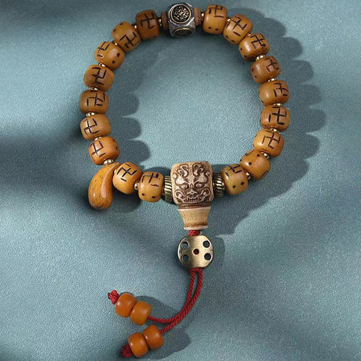 Buddha Stones Natural Tibetan Camel Bone Swastika Dzi Bead Shankha Buddha Charm Kirtimukha Luck Protection Tassel Bracelet