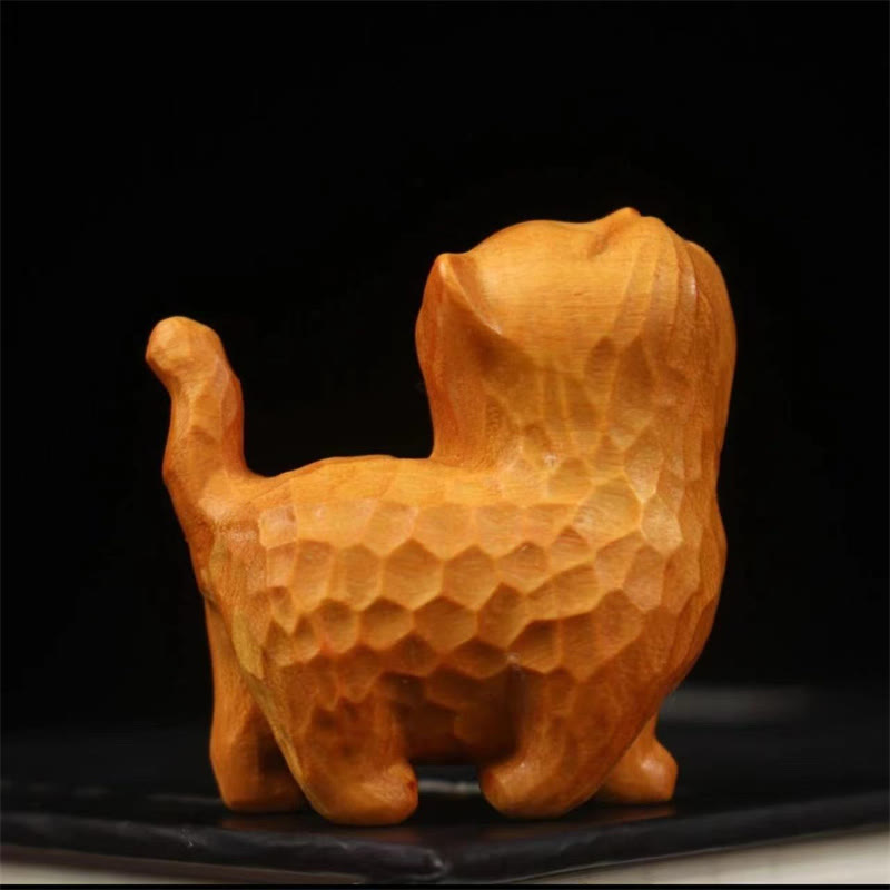 Buddha Stones Mini Thuja Sutchuenensis Boxwood Cute Cat Kitten Carved Prosperity Decoration