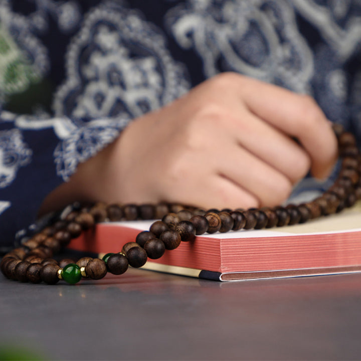 Buddha Stones 108 Mala Beads Indonesia Tarakan Rare Agarwood Cyan Jade Ward Off Evil Spirits Bracelet