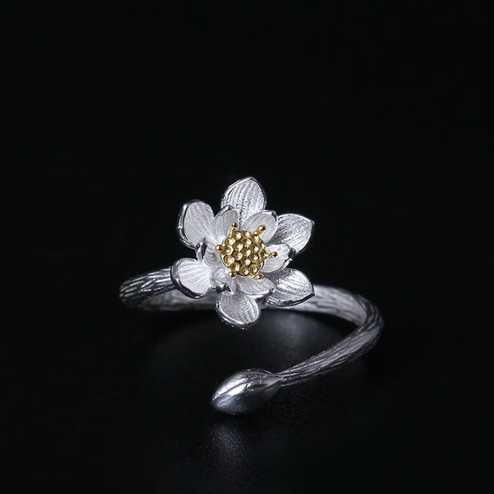 Buddha Stones 925 Sterling Silver Lotus Flower Blessing Ring