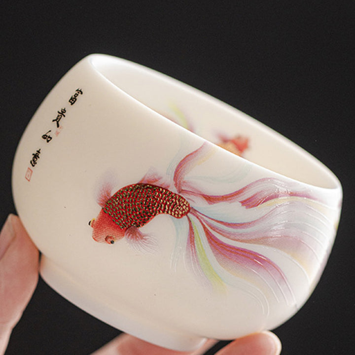 Buddha Stones Koi Fish White Porcelain Ceramic Teacup Kung Fu Tea Cup