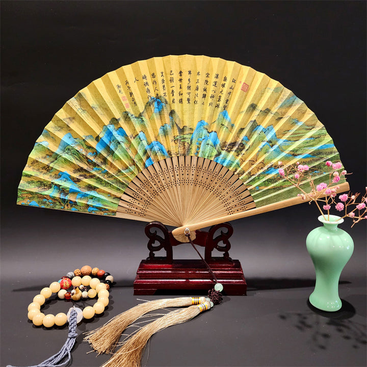 Buddha Stones A Panorama Of Rivers And Mountains Cranes Orchid Flower Paper Bamboo Handheld Silk Bamboo Folding Fan 22cm