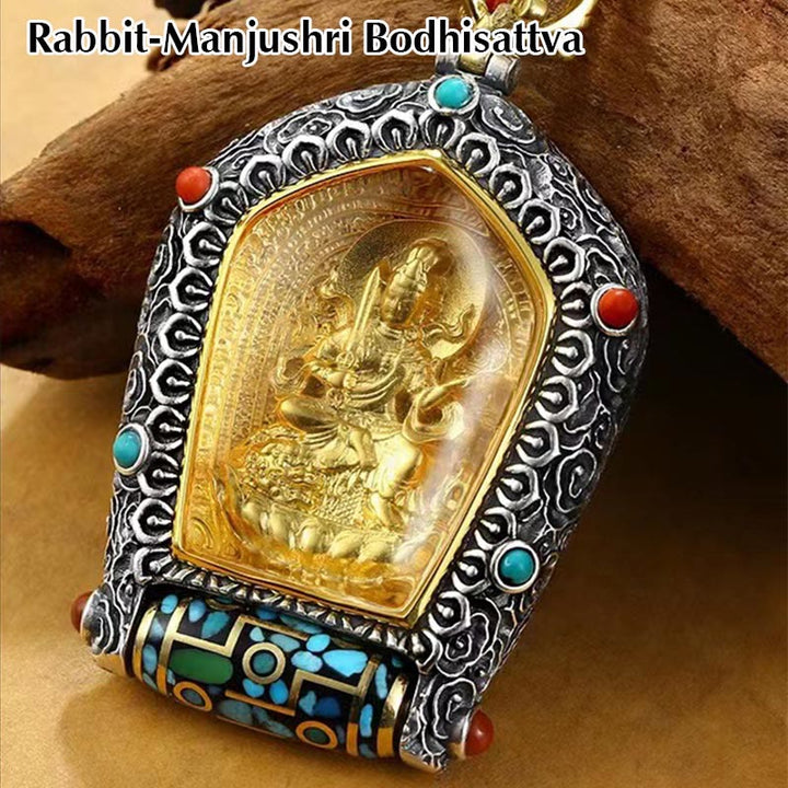 Tibet Chinese Zodiac Natal Buddha Thangka Prosperity Rotatable Dzi Bead Necklace Pendant