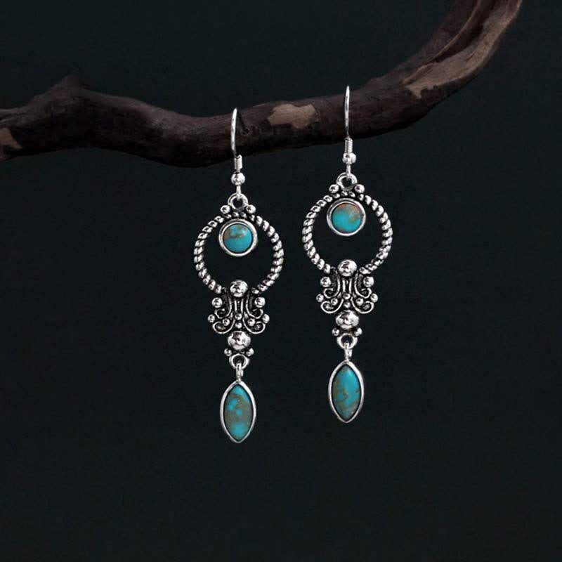 925 Sterling Silver Vintage Turquoise Waterdrop Pattern Balance Drop Dangle Earrings