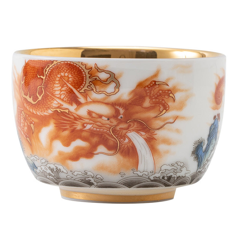 Buddha Stones Dragon Phoenix Crane Sun Ocean Waves Gilt Ceramic Teacup Kung Fu Tea Cup 170ml