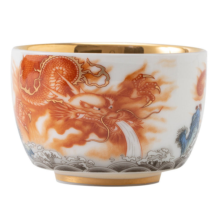 Buddha Stones Dragon Phoenix Crane Sun Ocean Waves Gilt Ceramic Teacup Kung Fu Tea Cup 170ml