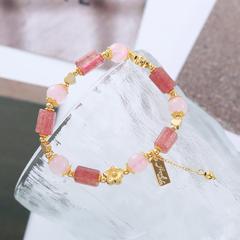 Buddha Stones Strawberry Quartz Pink Crystal Love Heart Flower Positive Bracelet