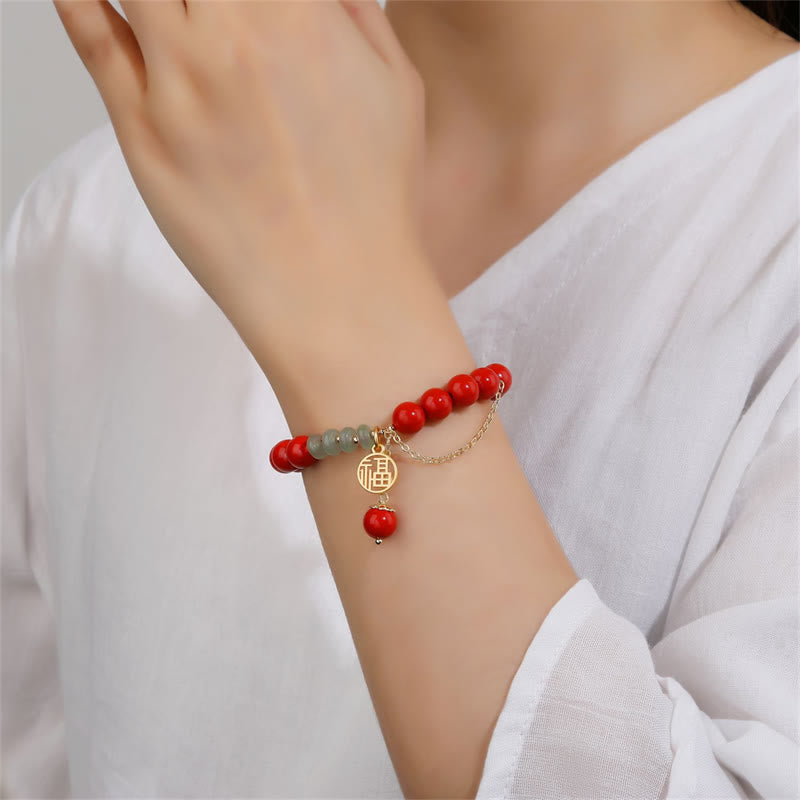 Buddha Stones Cinnabar Auspicious Fu Character Jade Calm Bracelet