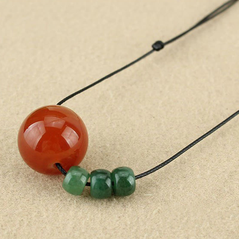 Buddha Stones Red Agate Green Aventurine Green Bodhi Seed Bead Calm Leather Rope Necklace Pendant