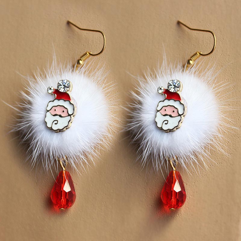 Christmas Santa Elk Fur Pom Pom Earrings